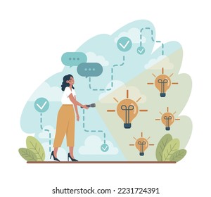 Come up with an idea concept. Creative innovation or business solution generation. Inspiration and imagination in a brainstorm. Light bulb as metaphor. Flat vector illustration