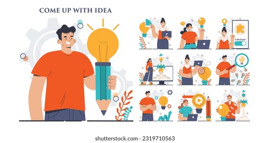 Come up with an idea concept set. Creative innovation or business solution generation. Inspiration and imagination in a brainstorm. Light bulb as metaphor. Flat vector illustration