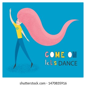 Come on lets dens. Dancing girl vector illustration. Dance party.