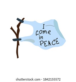 I come in peace. Unique lettering on the t-shirt in the form of a flag. Cartoon vector illustration isolated on white background. Drawings for poster, postcard or card in vintage style 