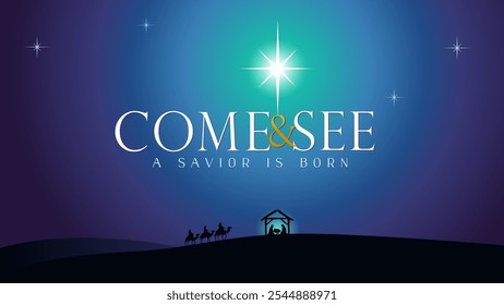 Come and see, A Savior is born lettering banner with Nativity scene and Bethlehem star. Merry Christmas greetig card with Mary, Joseph, Jesus in manger and wise men. Christian Xmas vector illustration