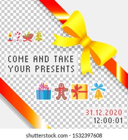 Come and take your presents, caption on picture. Gift wrap with orange ribbon and yellow bow. Packing box with present for celebration, party or christmas, birthday. Vector illustration in flat style