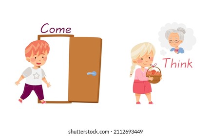 Come and Think English action verbs for kids education set. Children doing daily routine activities vector illustration