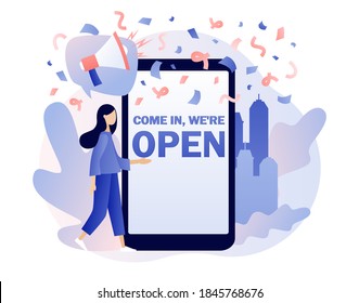 Come in we are Open - big text on smartphone screen. We are working again after quarantine. Reopening establishments,  cafe, shop, store, salon. Modern flat cartoon style. Vector illustration