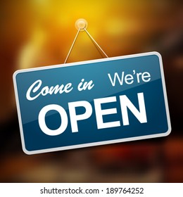 Come in we are open entrance blue sign vector illustration