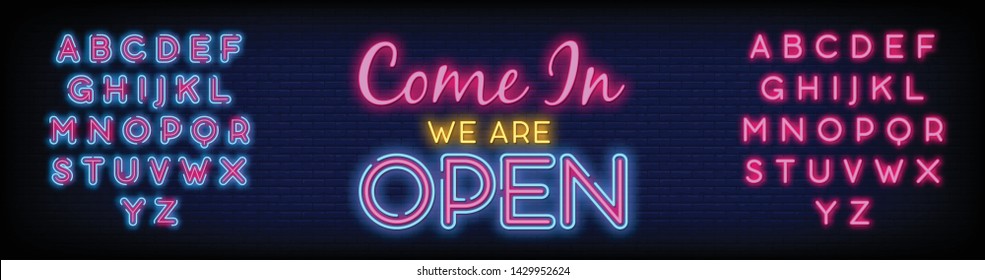 Come in we are Open neon sign vector with a Brick Wall Background design template. light banner design element colorful modern design trend  night bright advertising  bright sign. Vector. Editing Text