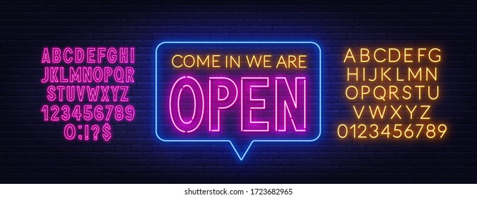 Come In We Are Open Neon Sign On Brick Wall Background.