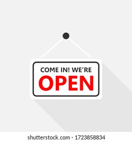 Come In We Are Open Sign On Signboard With Rope For Business, Online Shopping, Vector Design Of Flat Icon On Isolated Background.