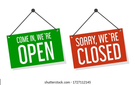 Come in we are open and sorry we are closed signs vector isolated. Green and red board for the shop. Information sign.