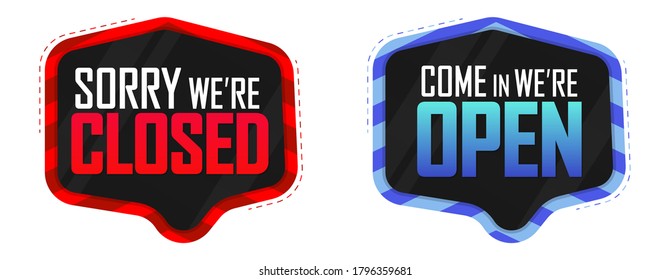 Vamos, estamos abiertos y lamentamos que estemos cerrados, planilla de diseño de banners, ilustración vectorial