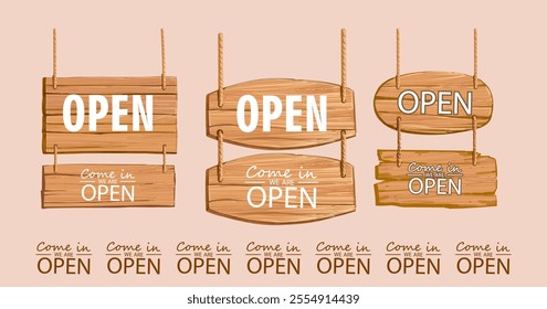 Come in we are open text, tag, signboard note vector illustration element. Open text message on wooden board design for businnes, marketing store.