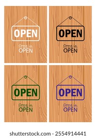 Come in we are open text, tag, signboard note vector illustration element. Open text message on wooden board design for businnes, marketing store.