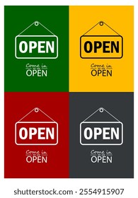 Come in we are open text, tag, signboard note vector illustration element. Open text message design for businnes, marketing store.