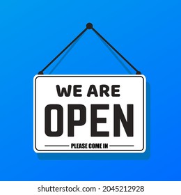 Come in we are open vector hanging sign on blue background