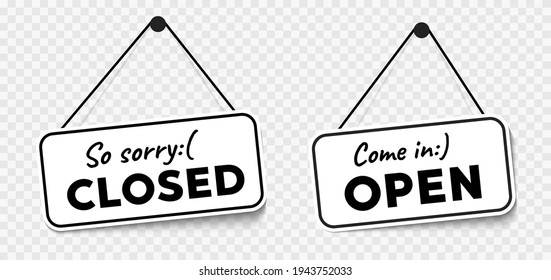 Come in we're open or closed in signboard with a rope on transparent background. Vector