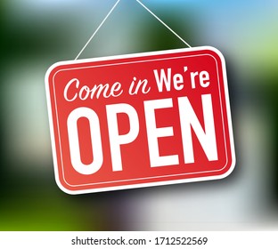 Come in we're open hanging sign on white background. Sign for door. Vector stock illustration