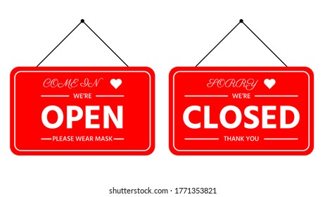 come in we're open please wear mask sign and sorry we're closed sign on signboard with rope for business, online shopping, vector illustration design, isolate on white background, flat icon,door sign 