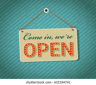 come in we're open sign board. vector illustration