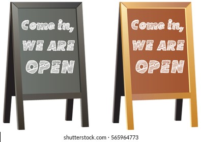 Come in we're open sign display for shops or business on vector Double sided traditional wood framed chalkboard, shop sign or advertisement boards