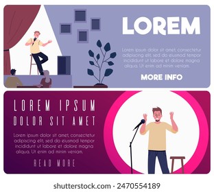 Comedian artist man with microphone perform stand-up comedy show on stage. Live public speaker in club. Flat vector landing page template set. Audience listening to jokes, humor monologue