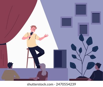 Artista cómico hombre con micrófono realizar stand-up comedia show sentado en el taburete en el escenario. Audiencia escuchando chistes, monólogo de humor. Orador público en vivo en el club. Ilustración vectorial plana