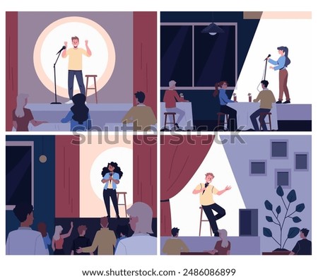 Comedian artist persons with microphone perform stand-up comedy show on stage vector flat illustrations set. Audience listening to jokes, humor monologue. Live public speaker performance in club