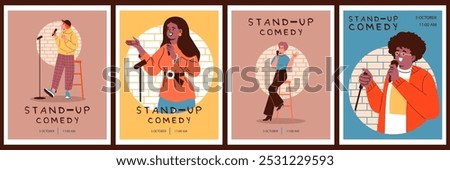 Comedian artist woman and man with microphone perform stand-up comedy show on stage. Flat vector announcement posters design set. Comic artist tell jokes, humor stories. Live public speaker in club
