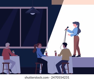 Comedian artist woman with microphone perform stand-up comedy show standing on stage. Audience listening to jokes, humor monologue. Live speaker in club cafe. Flat vector illustration