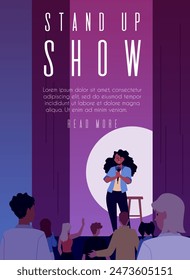 Comedian artist woman with microphone perform stand-up comedy show on stage. Live public speaker in club. Flat vector poster announcement design. Audience listening to jokes, humor monologue