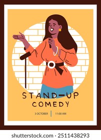 Artista de comédia mulher com microfone realizar show de comédia stand-up no palco. Palestrante público ao vivo no clube. Projeto de cartaz de anúncio de vetor plano. Piadas de desenhos animados, performance de monólogo de humor