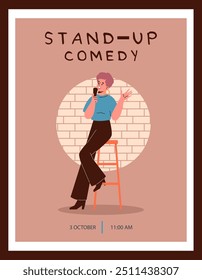 Mujer de artista cómico con micrófono realiza espectáculo de comedia de pie en el escenario. Diseño de cartel de anuncio de Vector plano. Los dibujantes de cómics cuentan chistes, historias de humor. Orador público en vivo en el club.