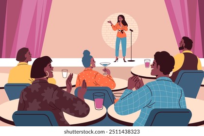 Artista de comédia mulher com microfone executar show de comédia stand-up em pé no palco. O público ouvindo piadas, monólogo de humor e aplaudindo. Alto-falante ao vivo no clube café. Ilustração de vetor plano