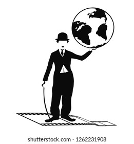comedian of black and white cinema with a globe