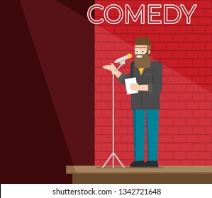 Comedian Doing Stand Up. Flat Vector.