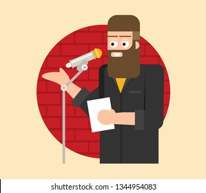 Comedian Doing Stand Up. Flat Vector.