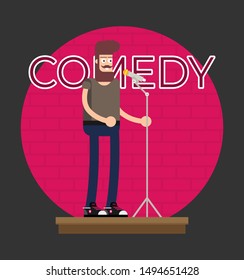 Comedian Doing Stand Up. Flat Vector.