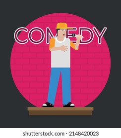 Comedian Doing Stand Up. Flat Vector.