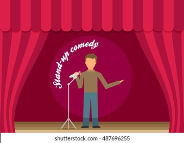 Comedian Doing Stand Up. Flat Vector.