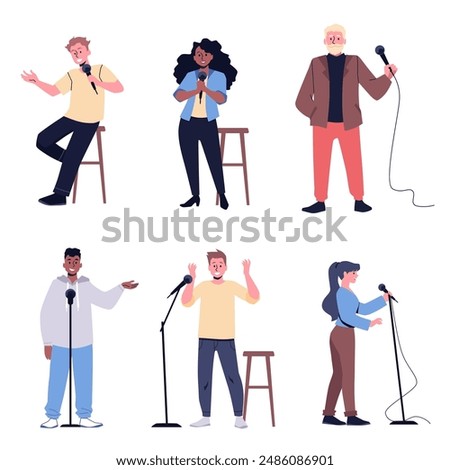 Comedian elderly and young artists with microphone perform stand-up comedy show vector flat illustrations set. Comic people tell jokes, humor and fun stories. Live performer, public speakers isolated