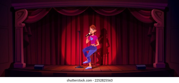 Comedian girl with mic on stage. Standup, comedy performance, open mike event with woman joking sitting on stool on scene with red curtains, vector cartoon illustration