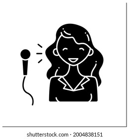 Comedian Glyph Icon. Cheerful Woman Create Jokes, Speaks To Public. Having Microphone. Stand Up Show. Successful Woman Concept.Filled Flat Sign. Isolated Silhouette Vector Illustration