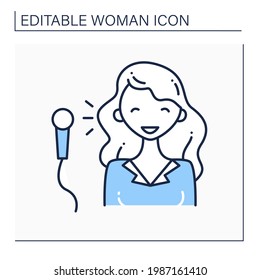 Comedian Line Icon. Cheerful Woman Create Jokes, Speaks To Public. Having Microphone. Stand Up Show. Successful Woman Concept. Isolated Vector Illustration.Editable Stroke