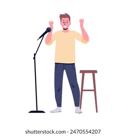 Comedian with microphone perform stand-up comedy show. Comic artist man tell jokes, humor and fun stories. Live performer, public speaker. Flat vector illustration isolated on white background