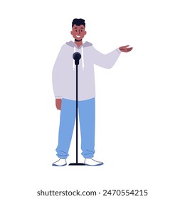 Comedian with microphone perform stand-up comedy show flat vector illustration. Comic artist afro man tell jokes, humor and fun stories. Live performer, public speaker isolated on white