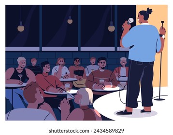 Comedian monologue at comedy show, stand up club. Comic humor speaker at microphone on stage. Open mic, standup concert. Black man performance in front of public, audience. Flat vector illustration