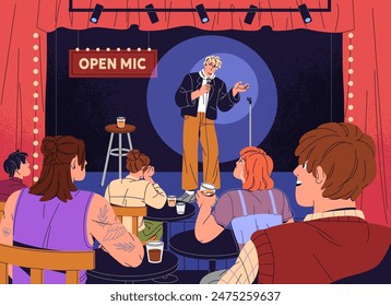 Comedian tritt auf Open mic. Comic-Talks, erzählt Witze mit Mikrofon zu Publikum von Stand-up-Show. Zuschauer sitzen auf den Tischen, hören Comedy-Aufführung, Stand Up. flache Vektorillustration