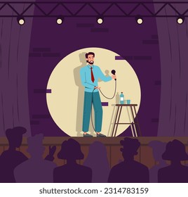 Comedian performs at scene concept. Stand up with microphone tells jokes. Talented artist on show. Public speaker and orator, comic. Humor and laughter. Cartoon flat vector illustration