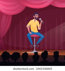 Comedian stand up comedy characters sitting on scene and holding microphone