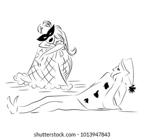 Comedians Harlequin and Columbine rest and look at each other. Vector sketch image.