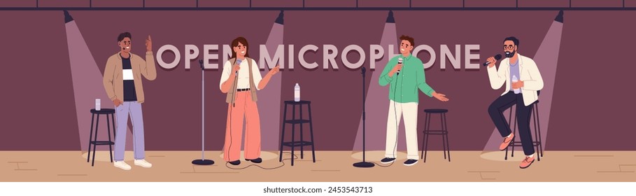 Comedians on open mic horizontal banner. Comics jokes with microphone on stand up, comedy performance. Spotlighted performers, artists show with humor monologue on stage. Flat vector illustration